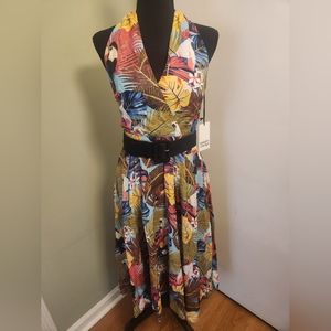 Unique Vintage Tropical Botanical Printed Dress with Belt Small
